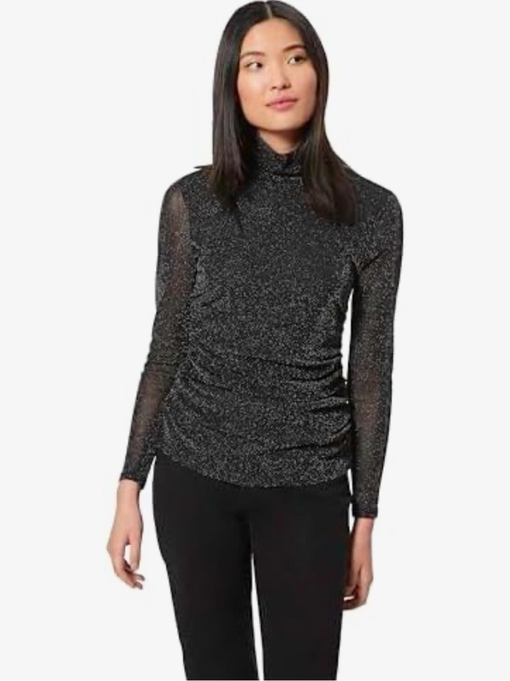 Black Dressy Turtle Neck with silver shimmer & Semi-Sheer Long Sleeves Medium